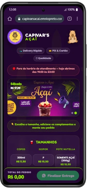 Cardápio digital de açaiteria